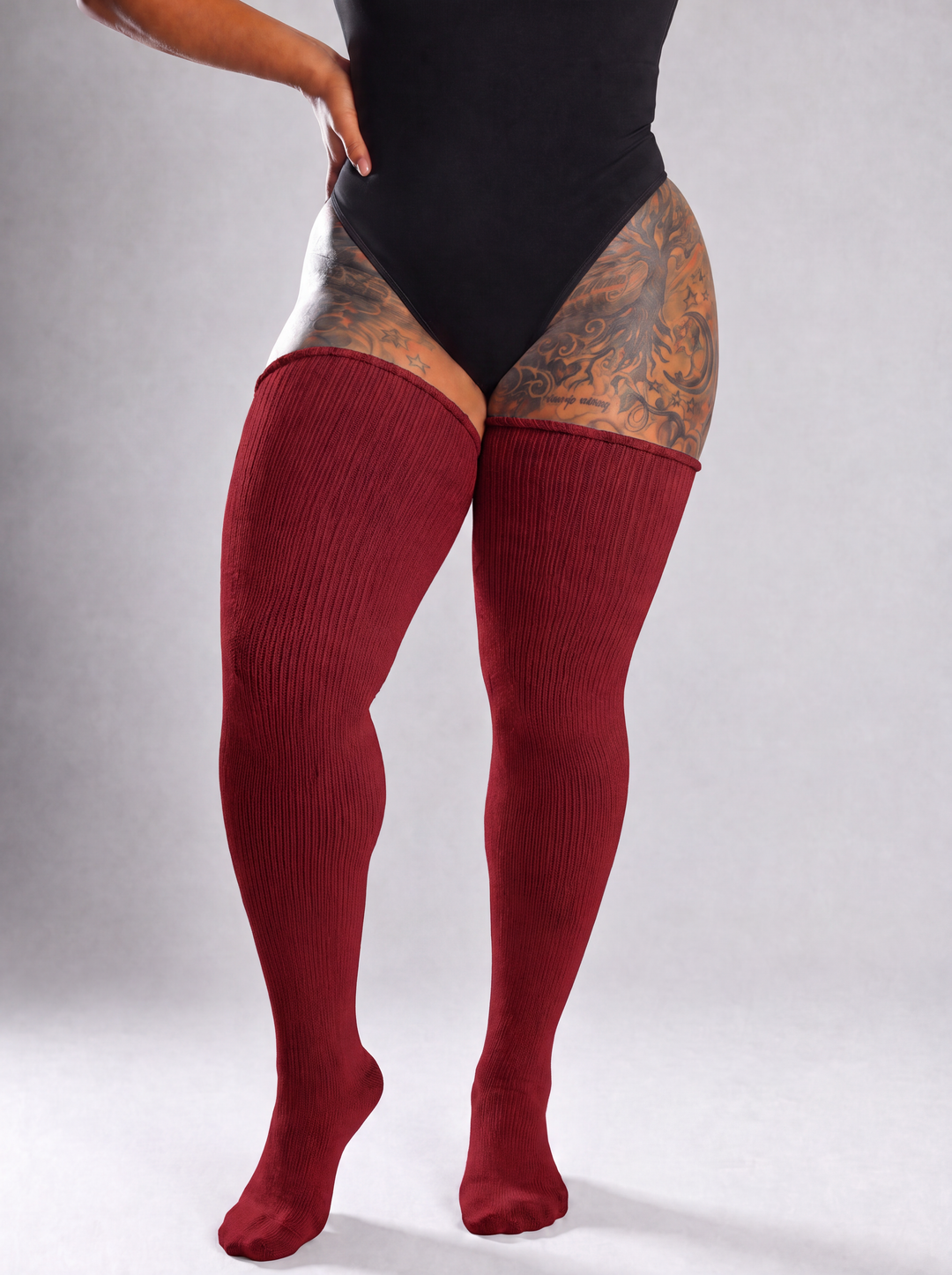 Plus size thigh high socks in solid burgundy red