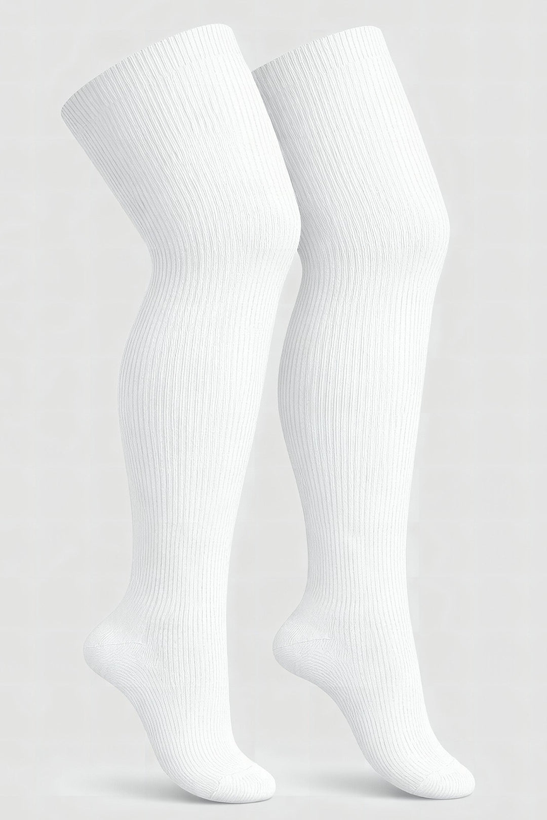 Plus size thigh high socks in soft white or light grey winter tones