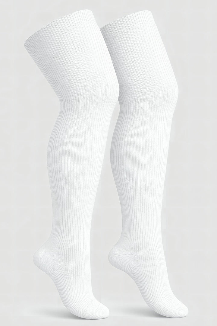 Plus size thigh high socks in soft white or light grey winter tones