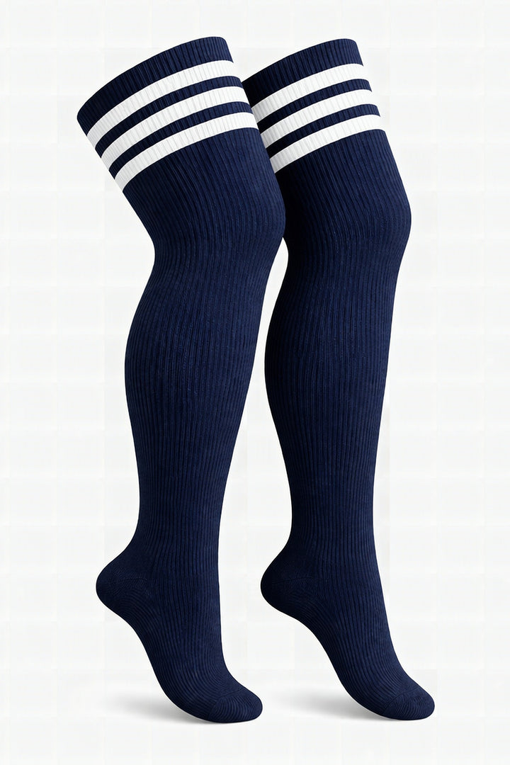 Plus size thigh high socks in navy blue nautical pattern or stripes