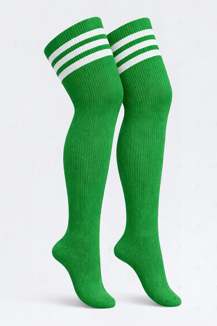 Emerald green and white striped plus size thigh high socks