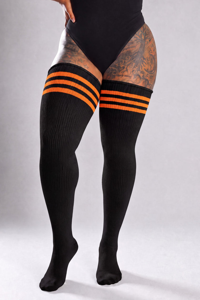 Midnight Pumpkin Striped plus size thigh high socks
