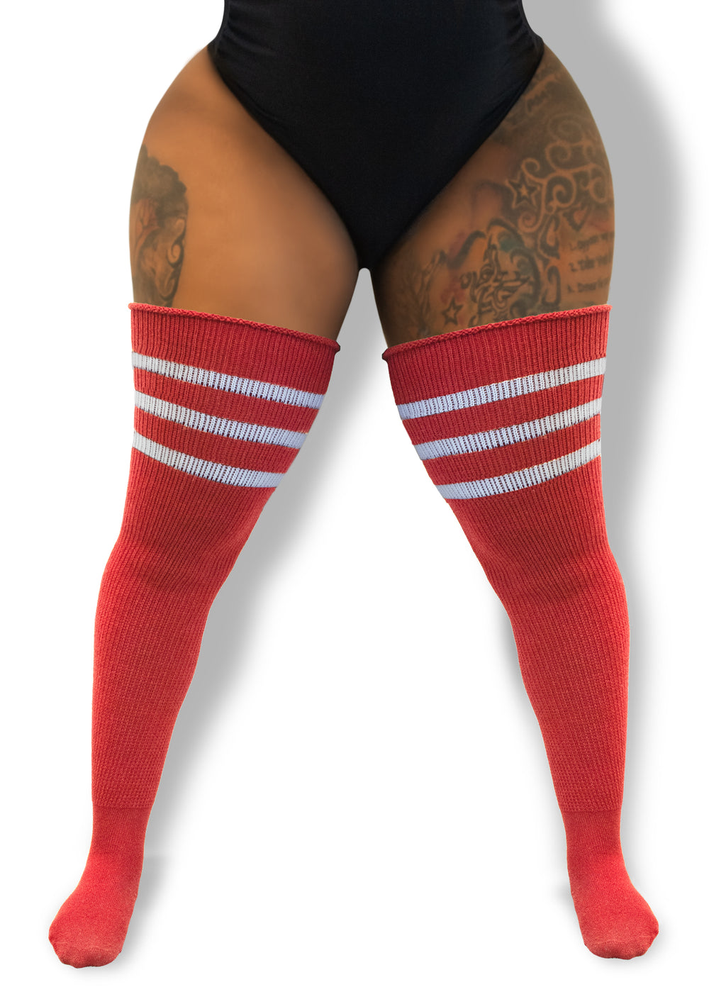 Plus size thigh high socks in cherry red and white stripes