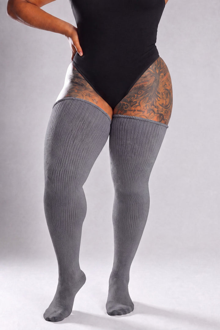 Solid charcoal gray plus size thigh high socks