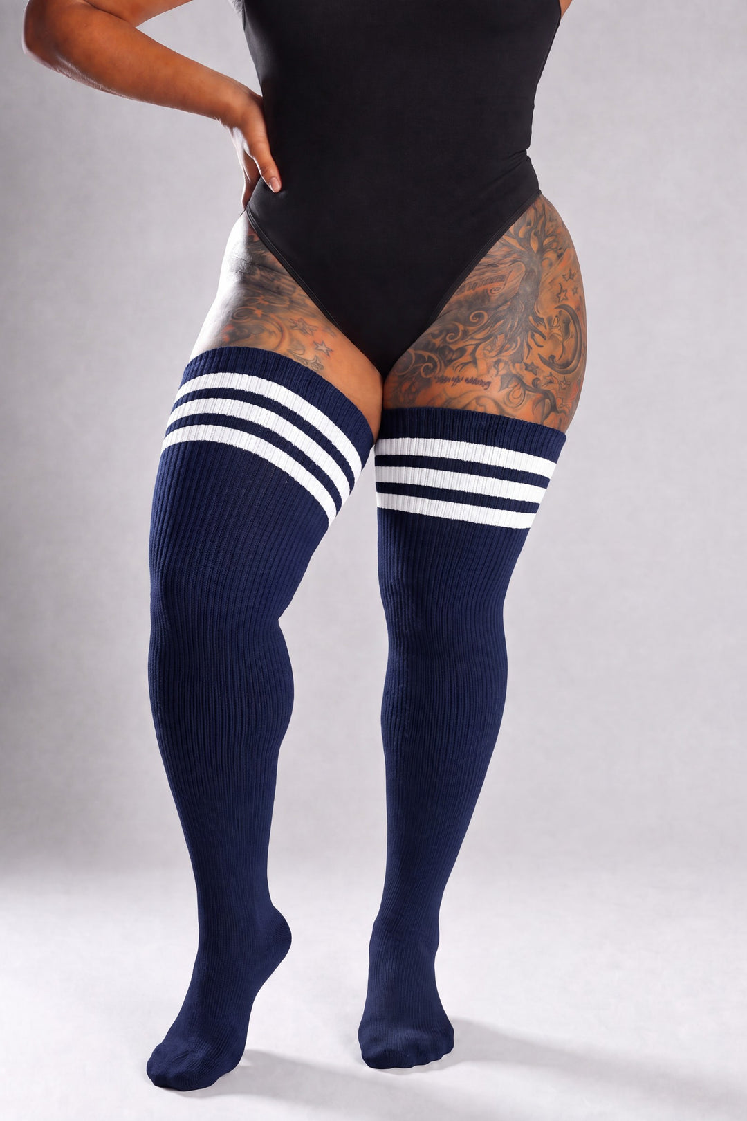Plus size thigh high socks in navy blue nautical pattern or stripes
