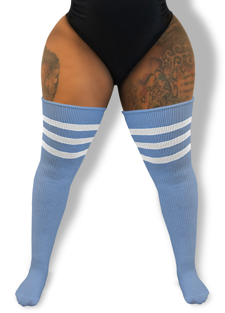 Plus size thigh high socks in blue and white skyward stripes