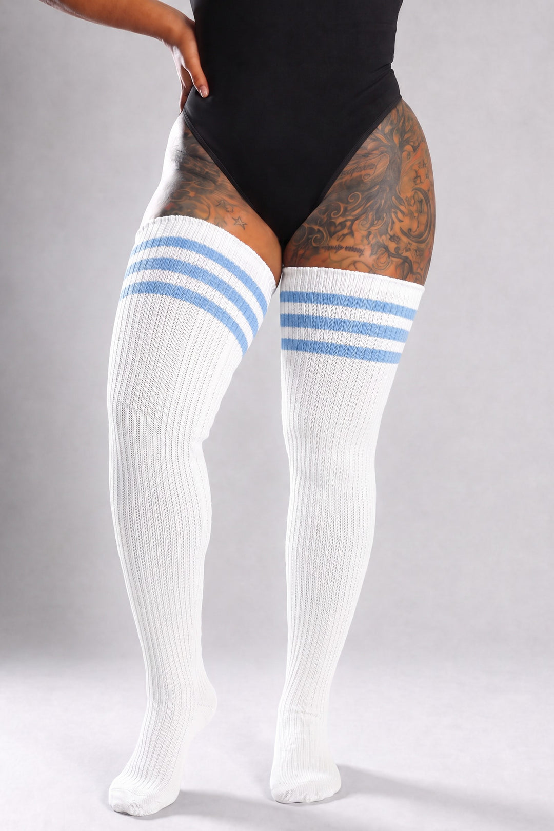 Blue and white striped plus size thigh high socks