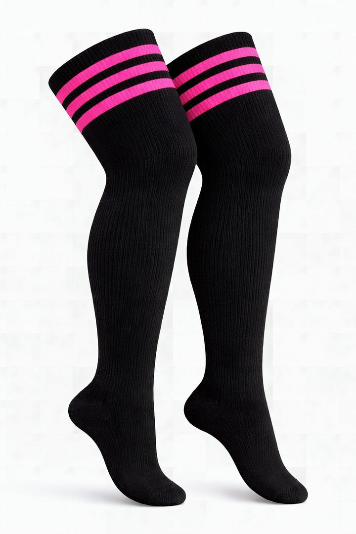 Pink plus size thigh high socks with electric pink streak pattern