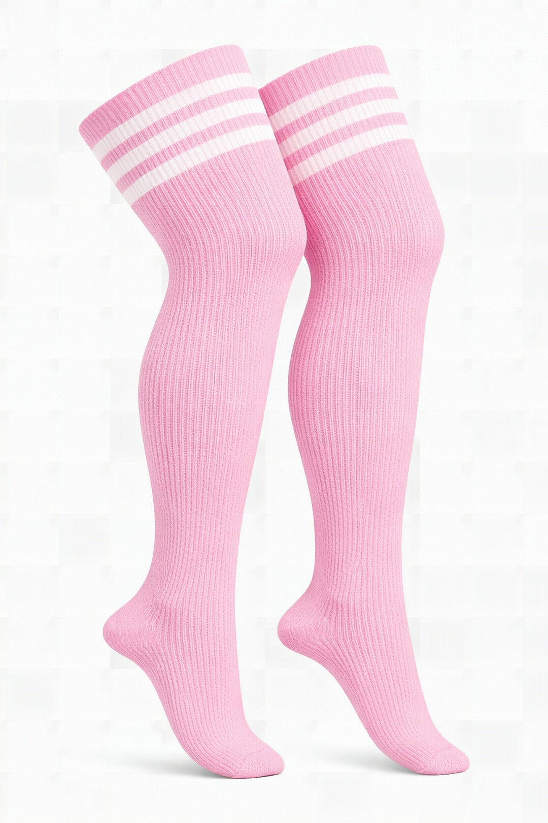 Pink and white thin striped plus size thigh high socks