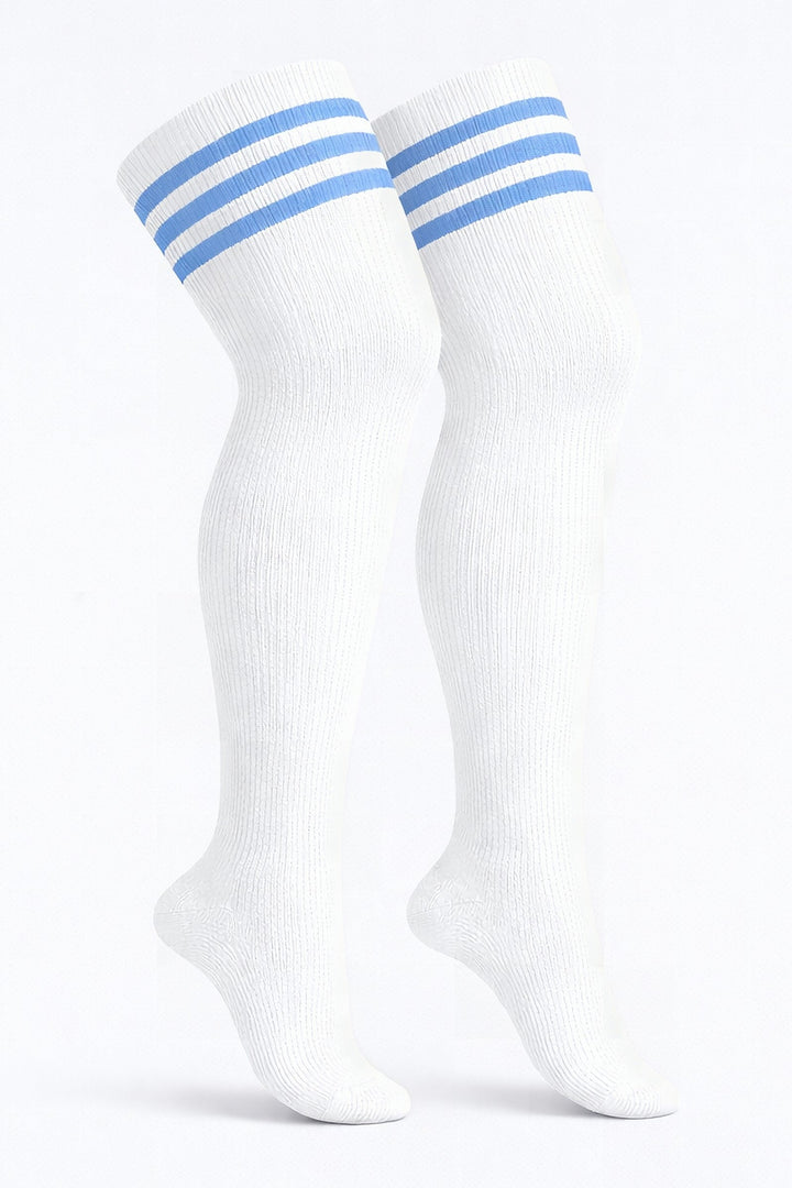 Blue and white striped plus size thigh high socks