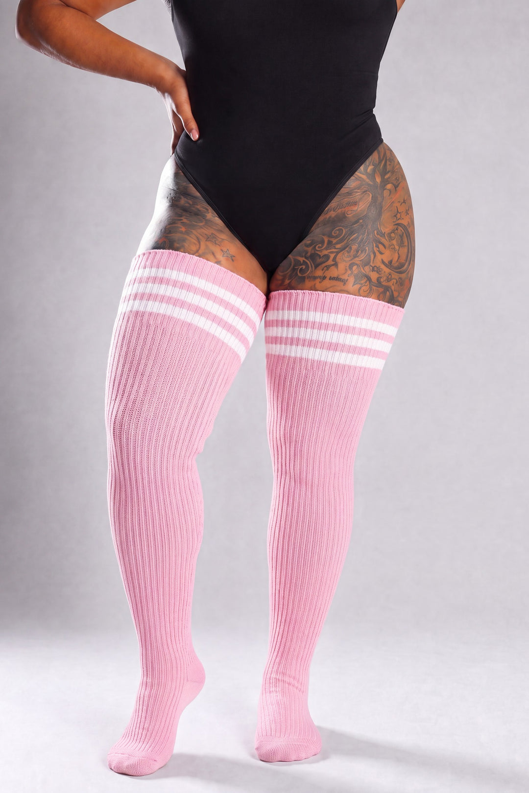 Pink and white thin striped plus size thigh high socks