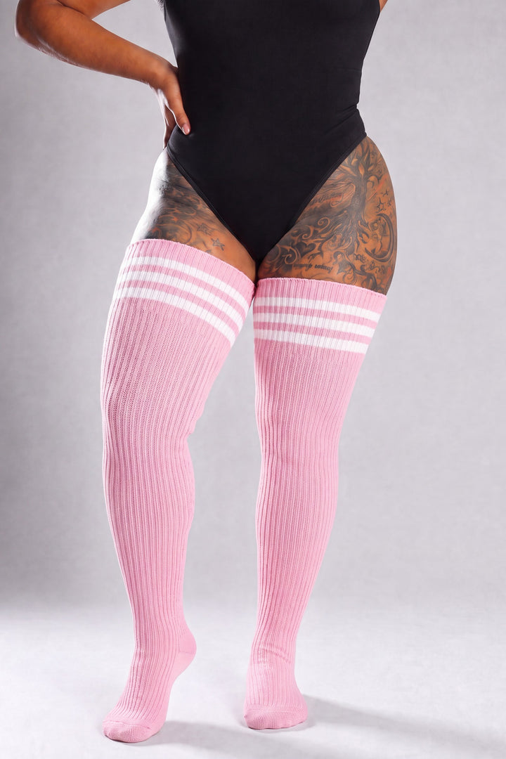 Pink and white thin striped plus size thigh high socks