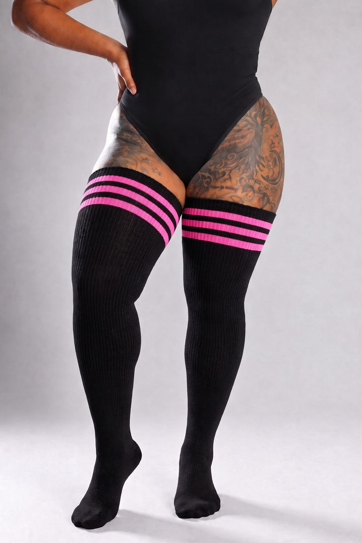 Pink plus size thigh high socks with electric pink streak pattern