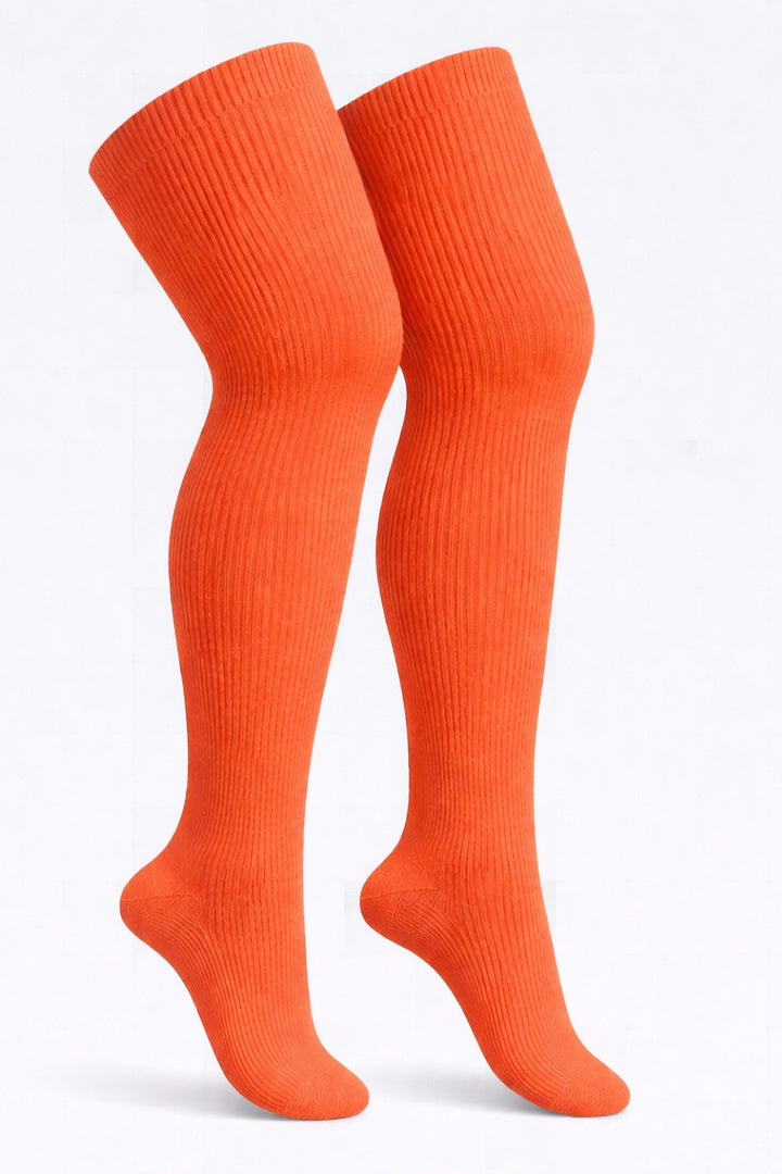 Plus size thigh high socks in warm sunset orange and pink tones