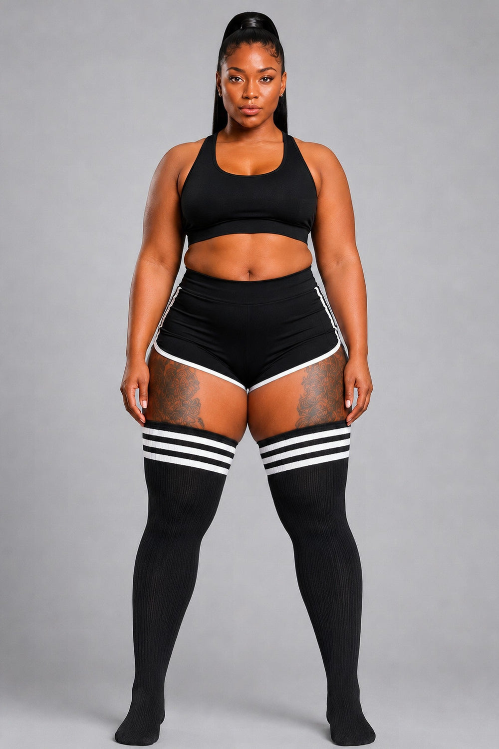 Black plus size thigh high socks with white horizontal stripes