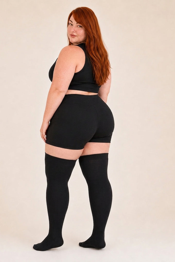 Solid black plus size thigh high socks