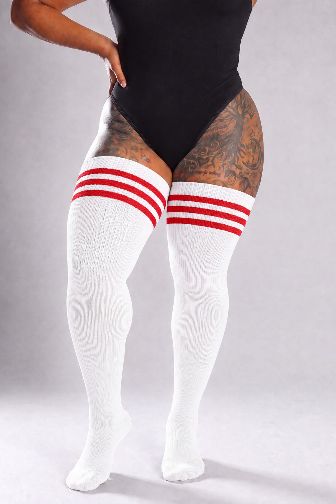 Red and white candy cane striped plus size thigh high socks