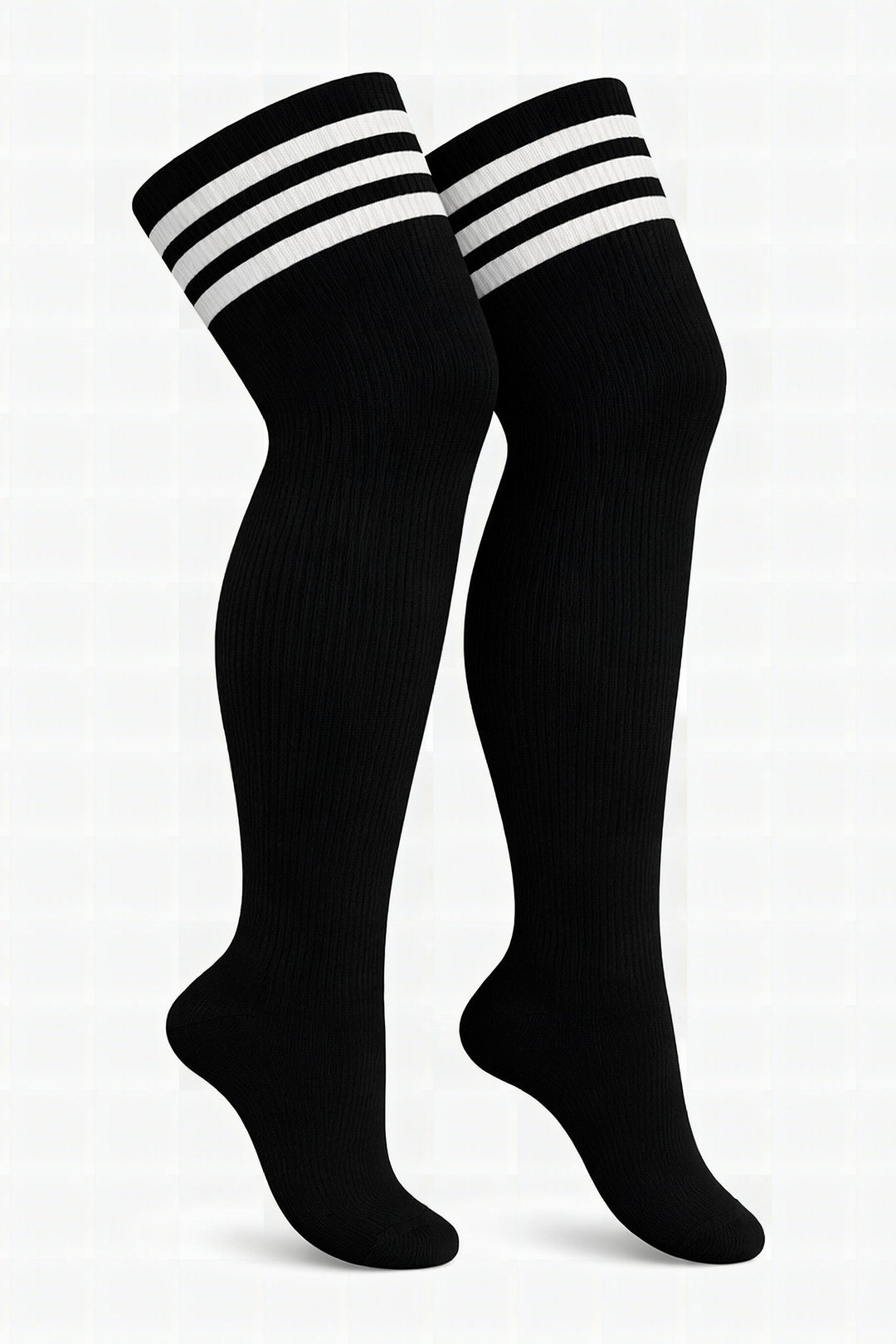 Black plus size thigh high socks with white horizontal stripes