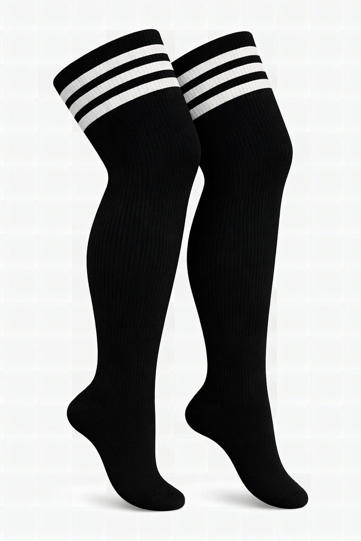 Black plus size thigh high socks with white horizontal stripes