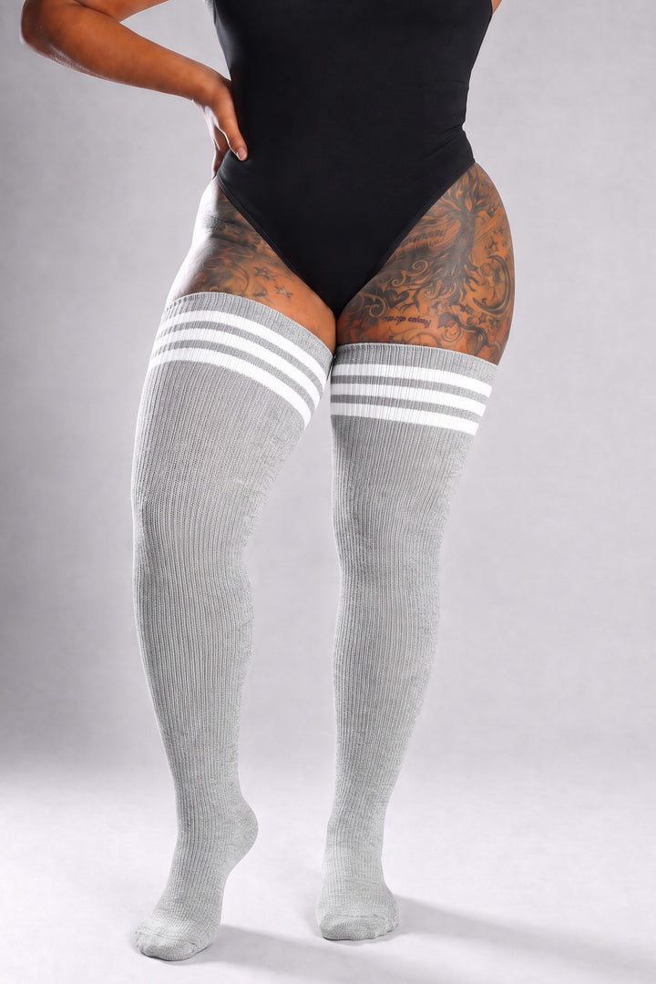 Silver and white striped plus size thigh high socks