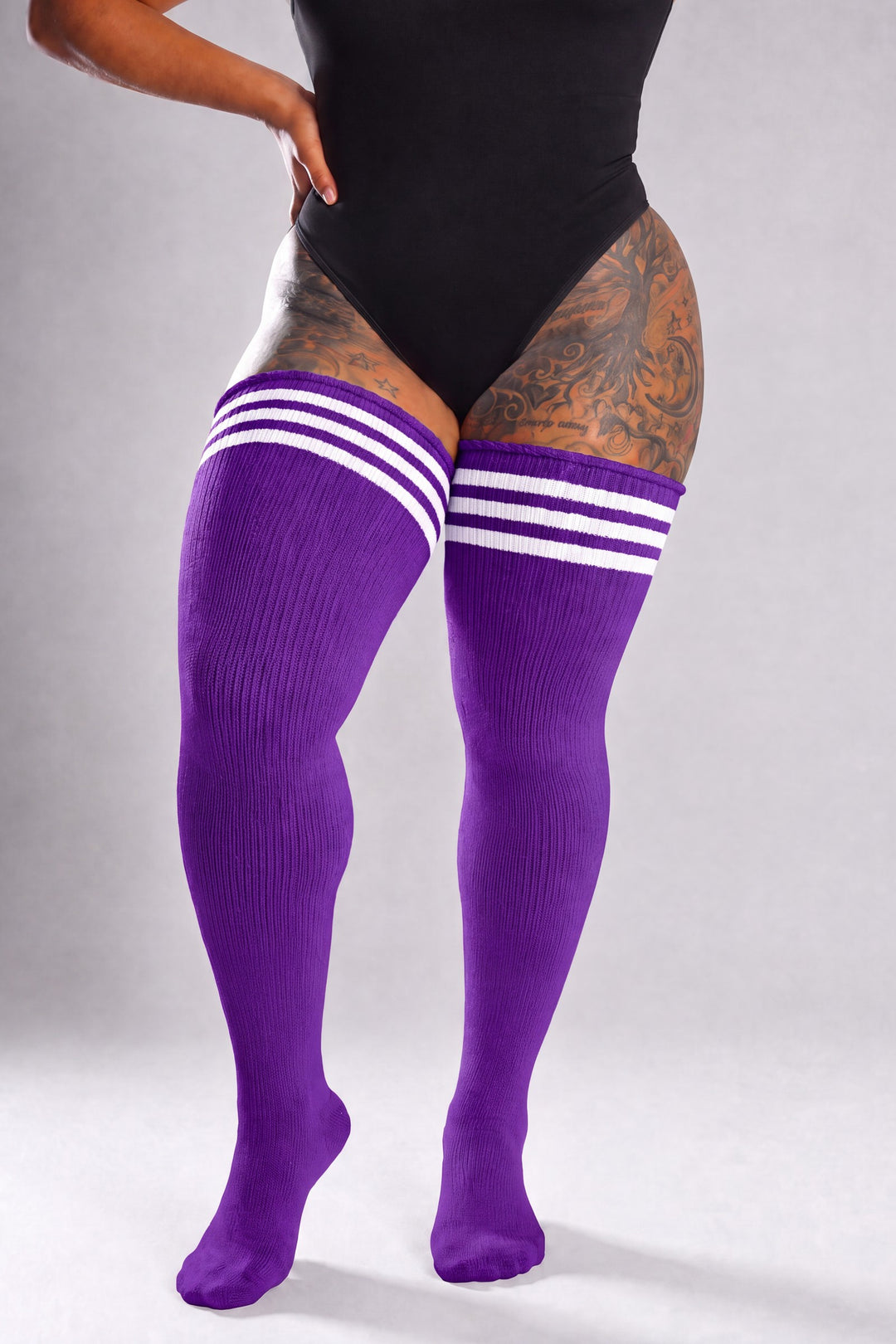 Purple and black striped plus size thigh high socks