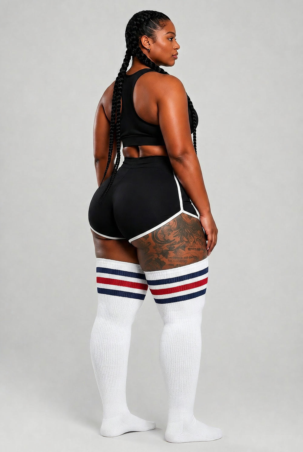 Plus size thigh high socks in red, white, and blue American stripes