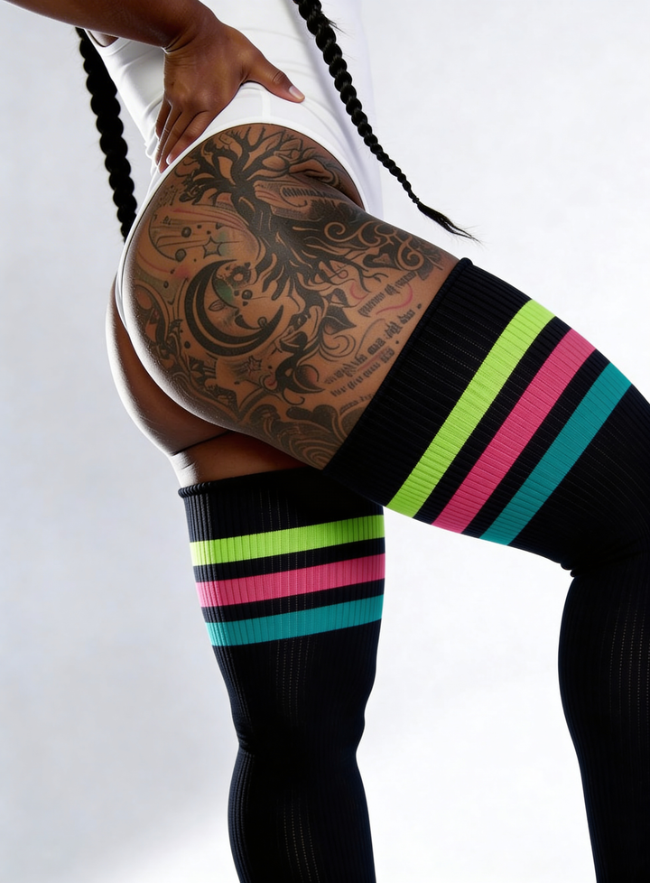 Plus size thigh high socks in multicolor spectrum stripes