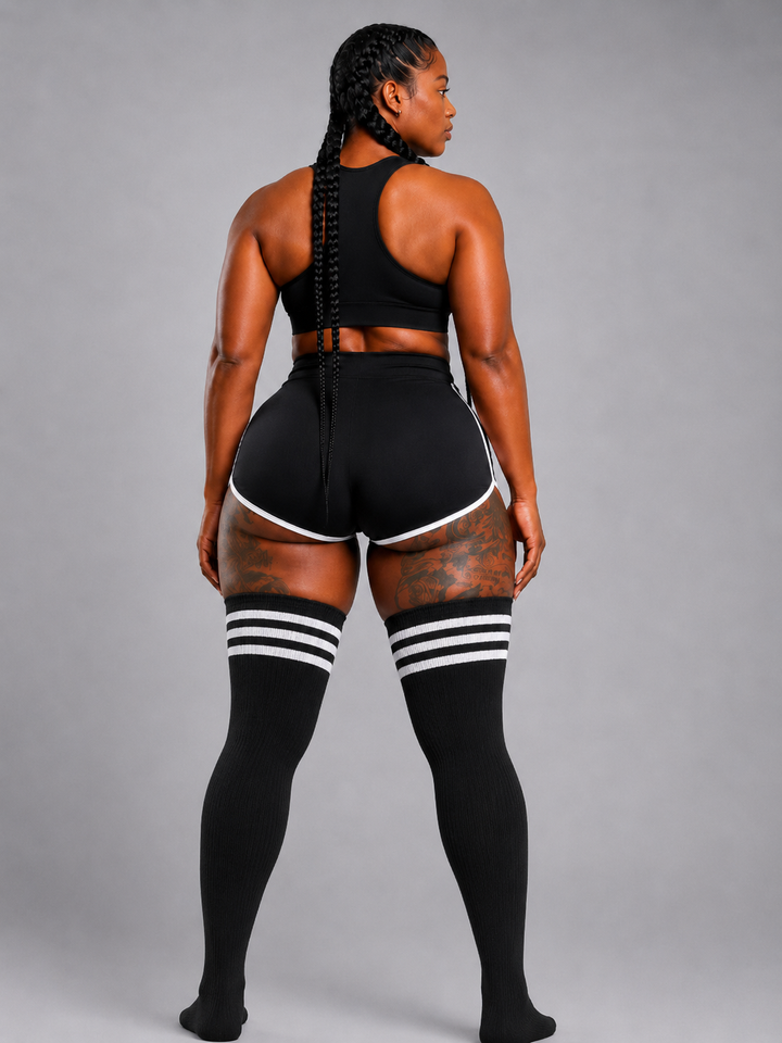 Black socks with white horizontal stripes