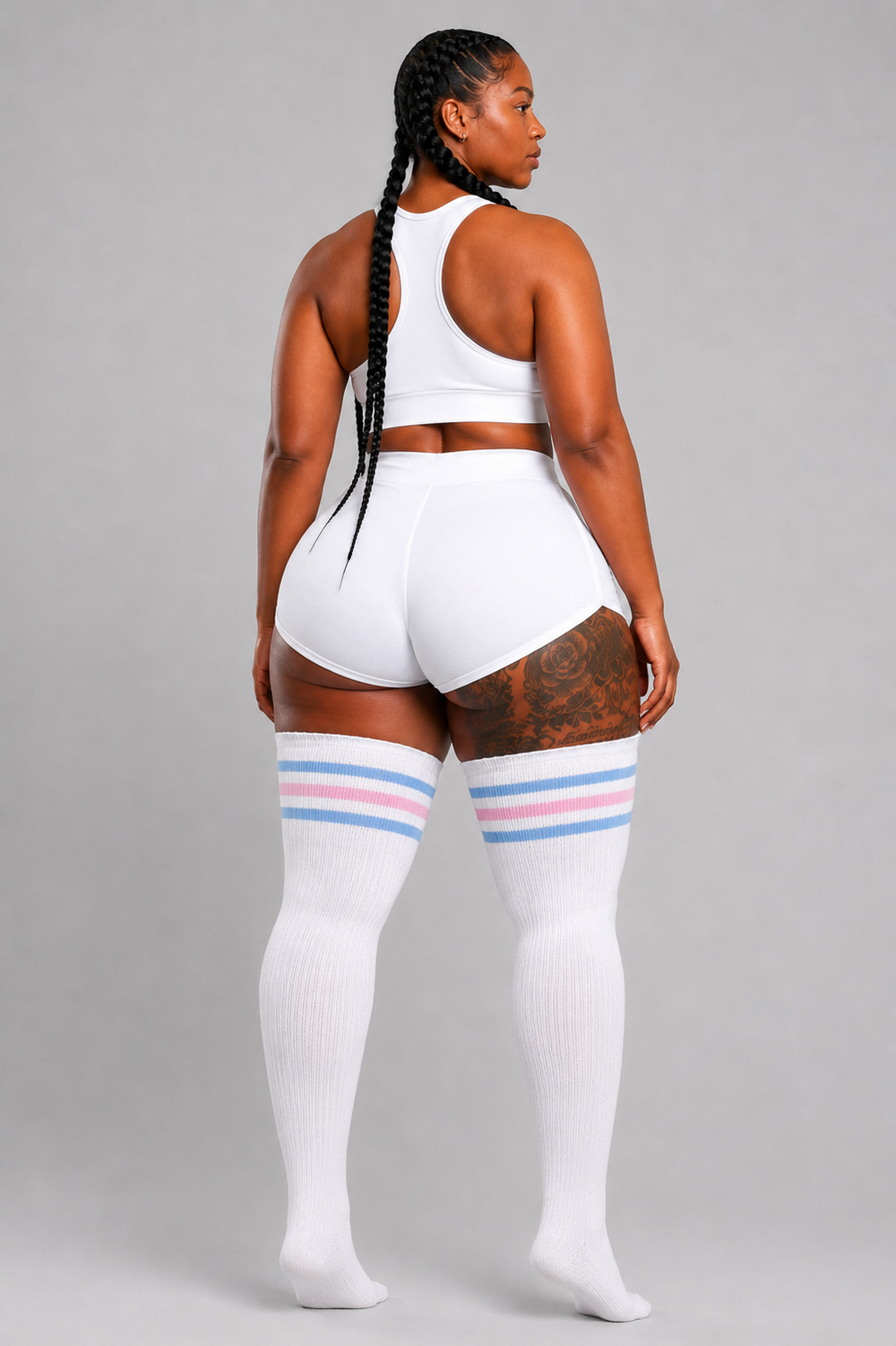 Plus size thigh high socks in a floral blossom print, shown in soft pastel tones