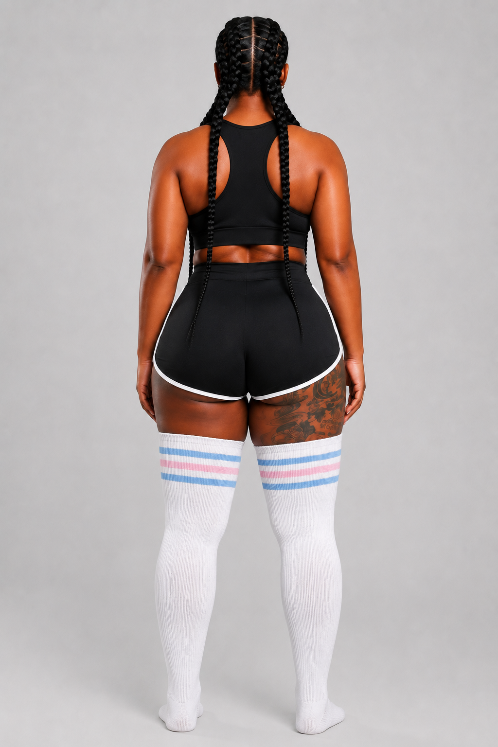 White thigh high socks with pink floral blossom print, plus size