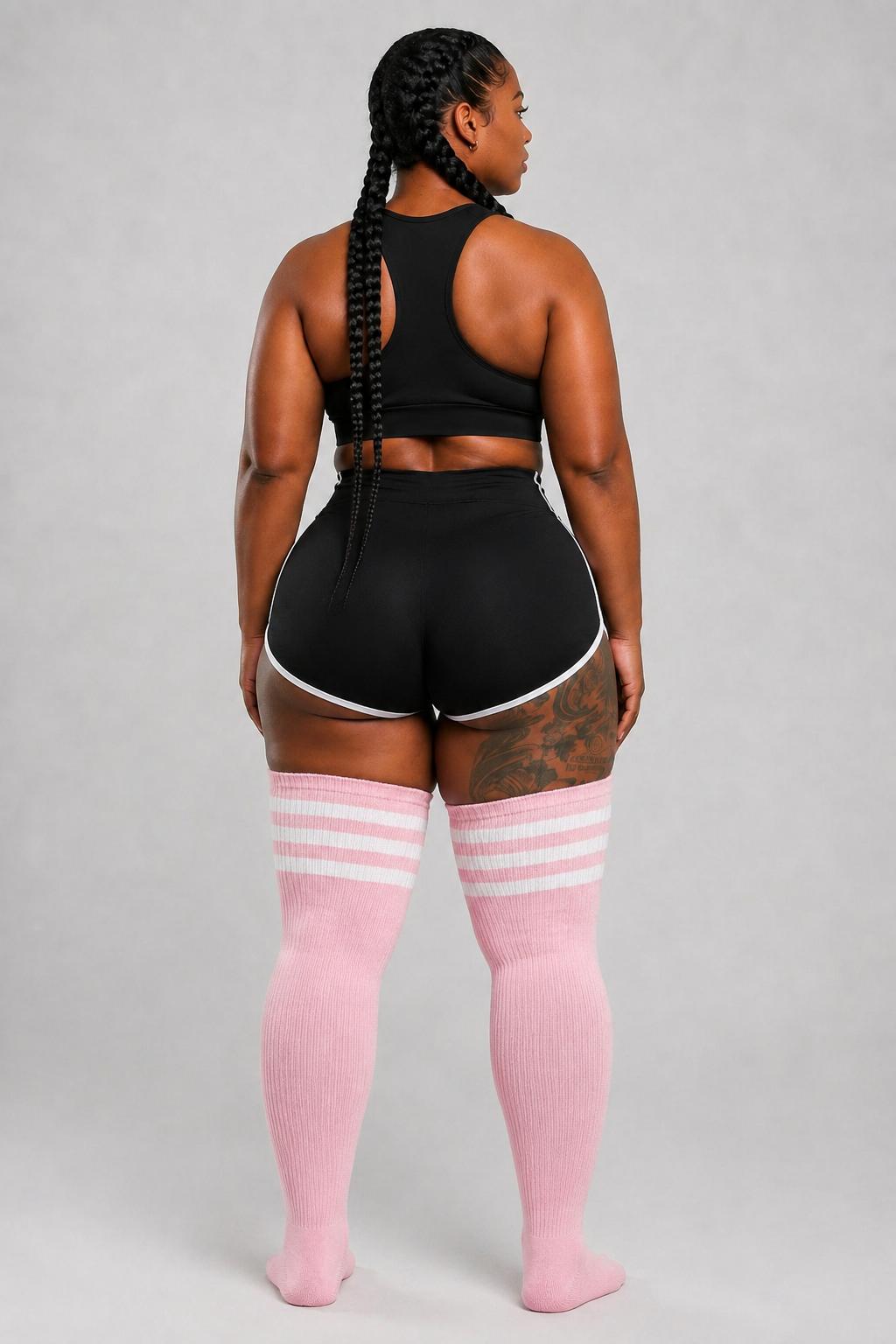 Pink and white striped plus size thigh high socks