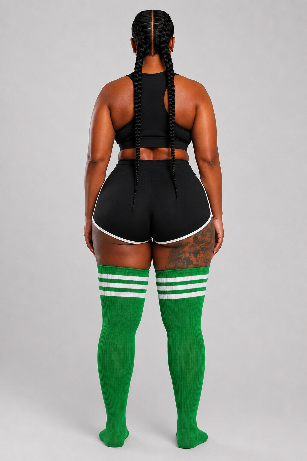 Green and white striped plus size thigh high socks
