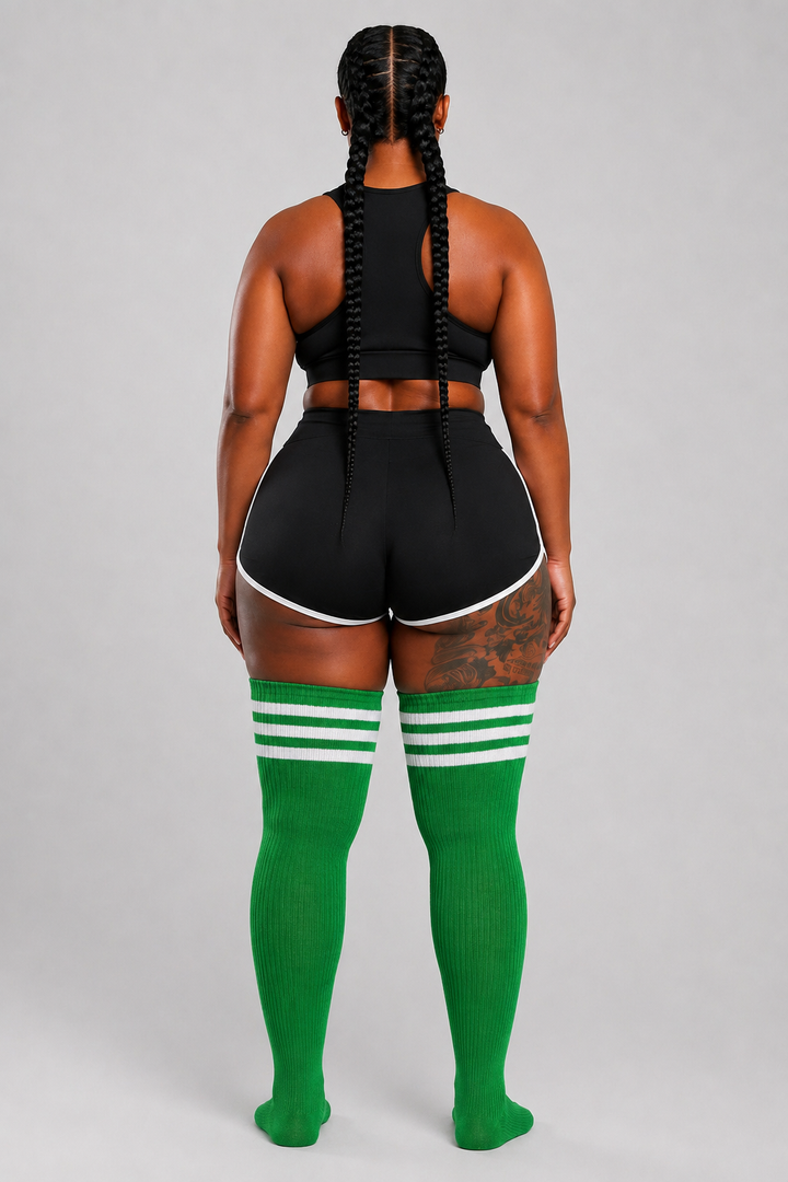 Green and white striped plus size thigh high socks