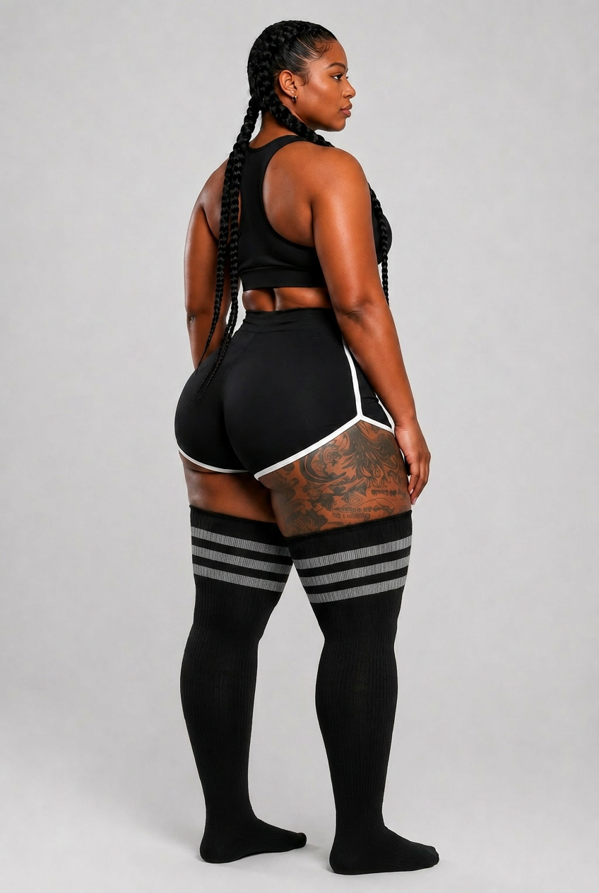 Midnight blue and grey striped plus size thigh high socks