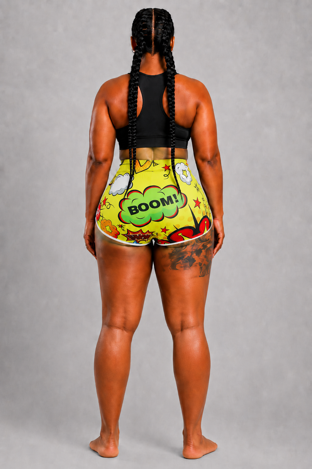 Pop art print booty shorts in bold multicolor comic-style pattern