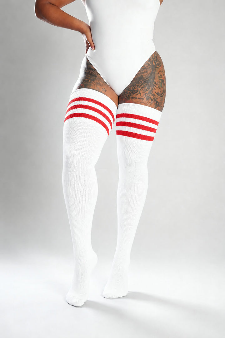 Red and white candy cane striped thigh high plus size socks