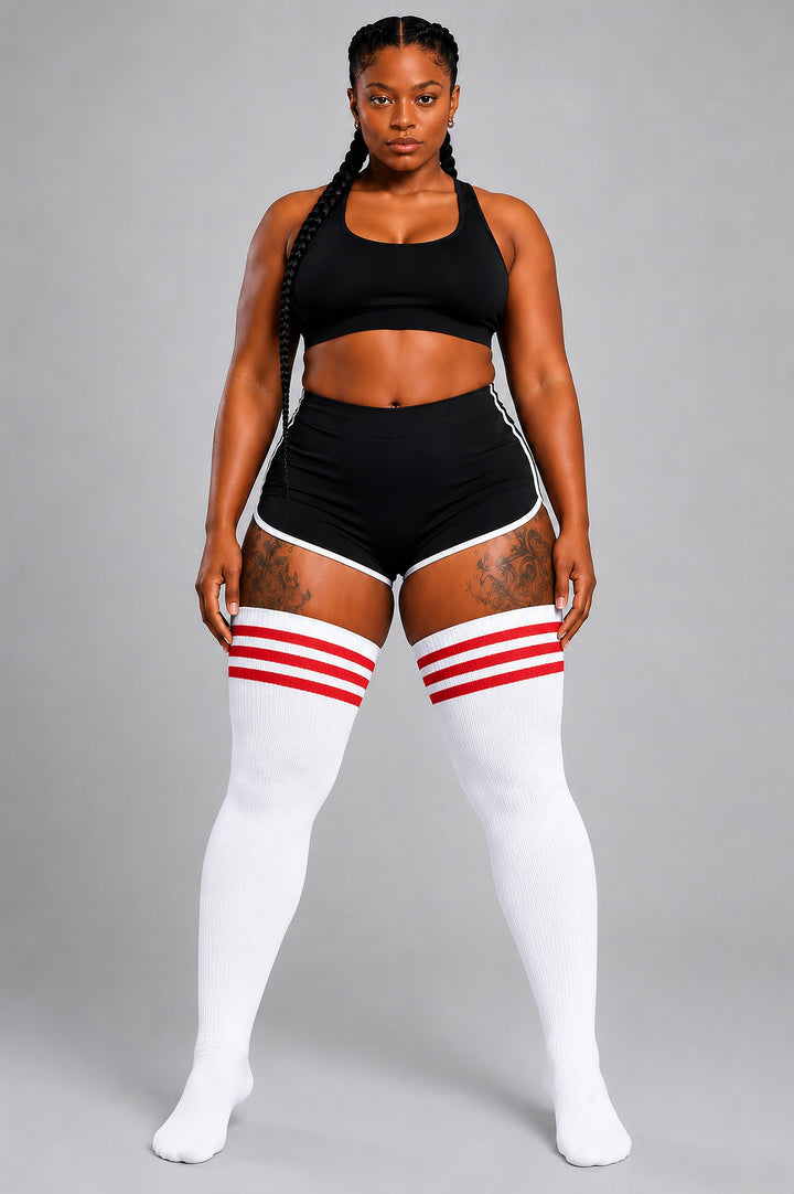 Red and white candy cane striped plus size thigh high socks