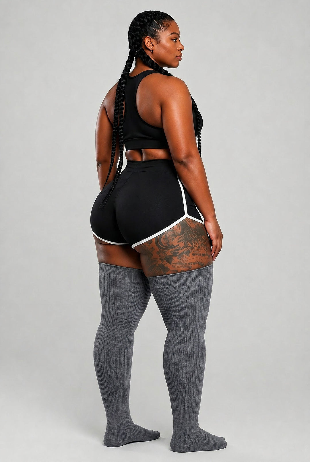 Charcoal gray solid thigh high plus size socks