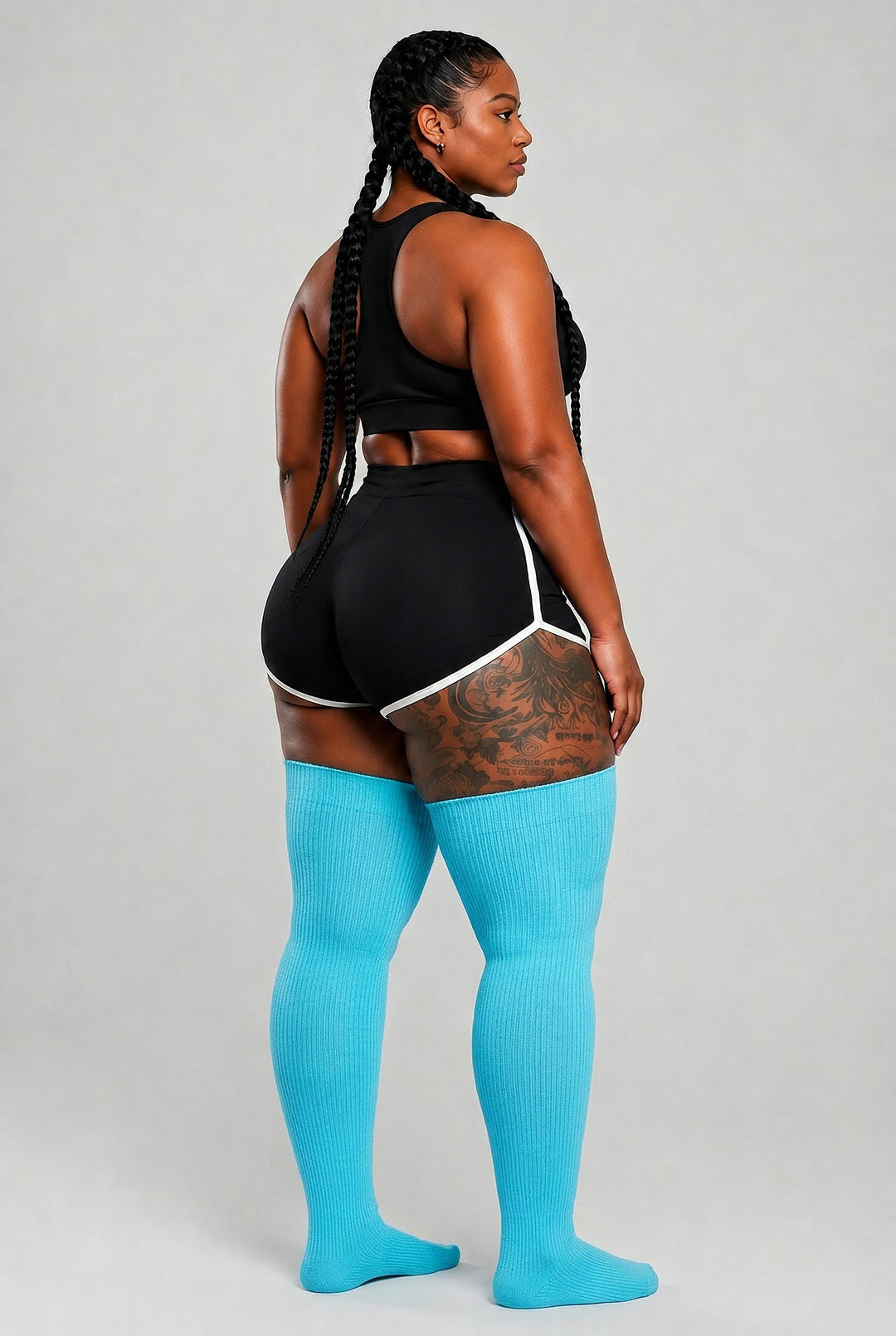 Plus size thigh high socks in bold electric blue