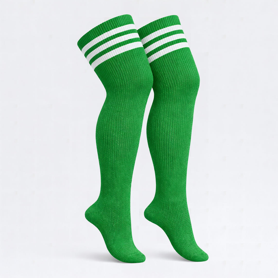 Green and white striped plus size thigh high socks