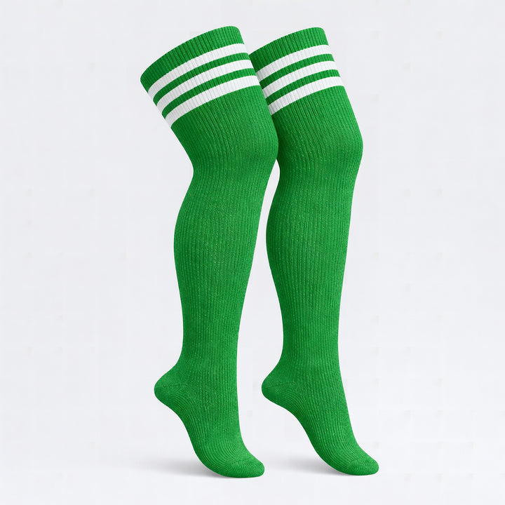 Green and white striped plus size thigh high socks
