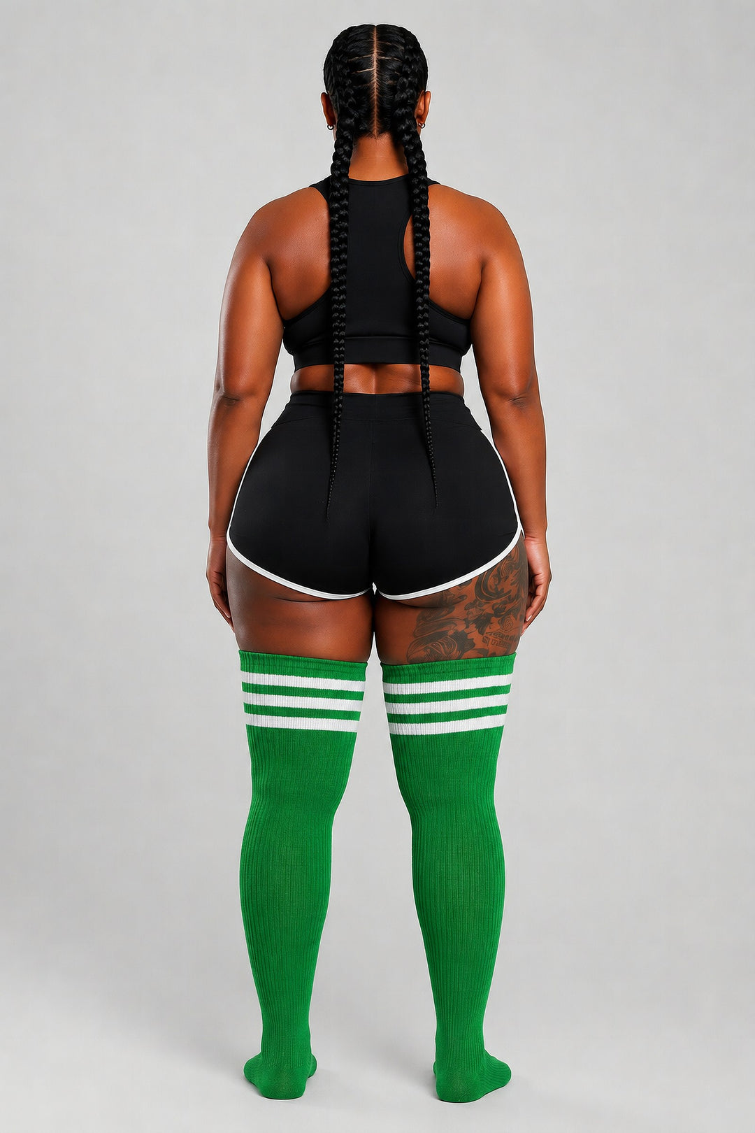 Green and white striped plus size thigh high socks