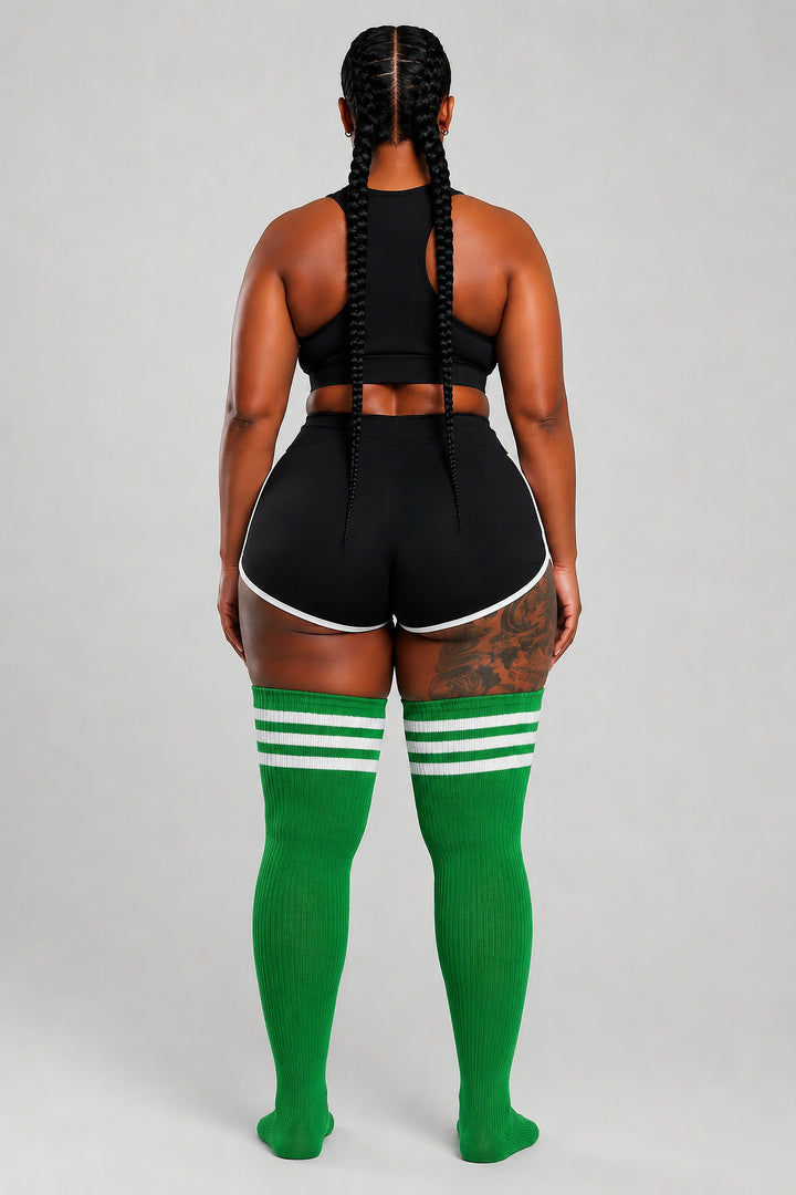 Green and white striped plus size thigh high socks
