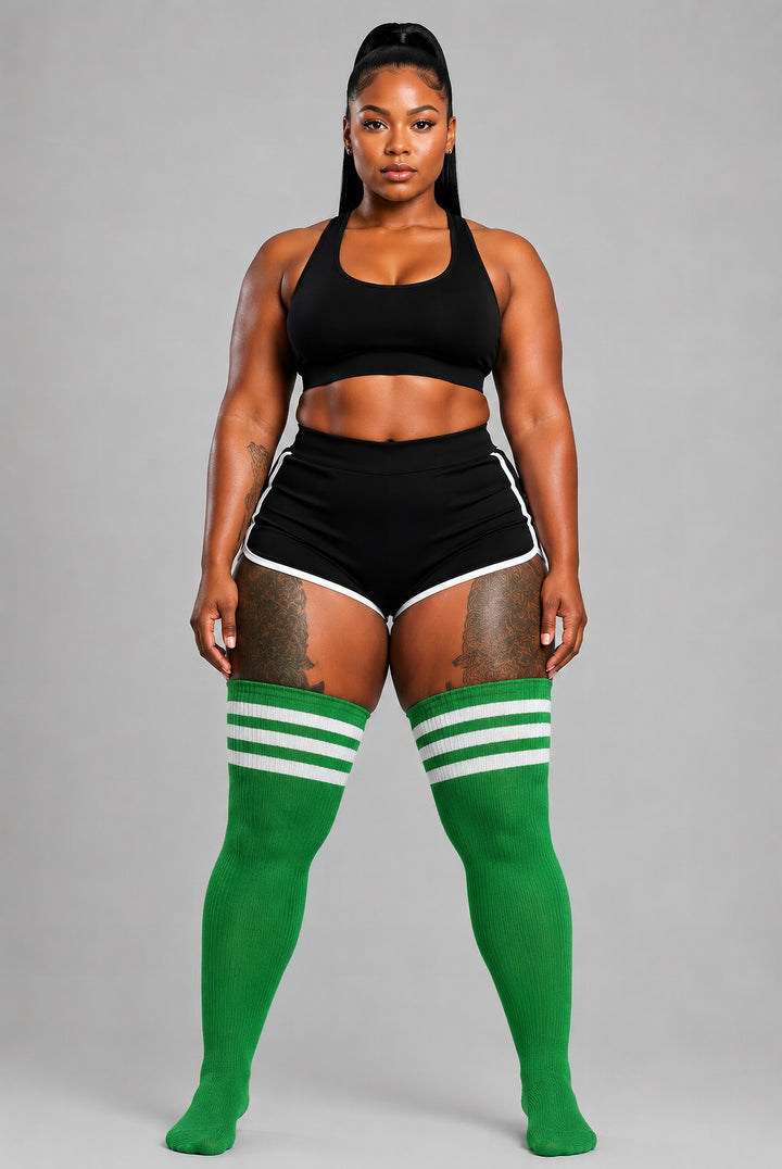 Green and white striped plus size thigh high socks