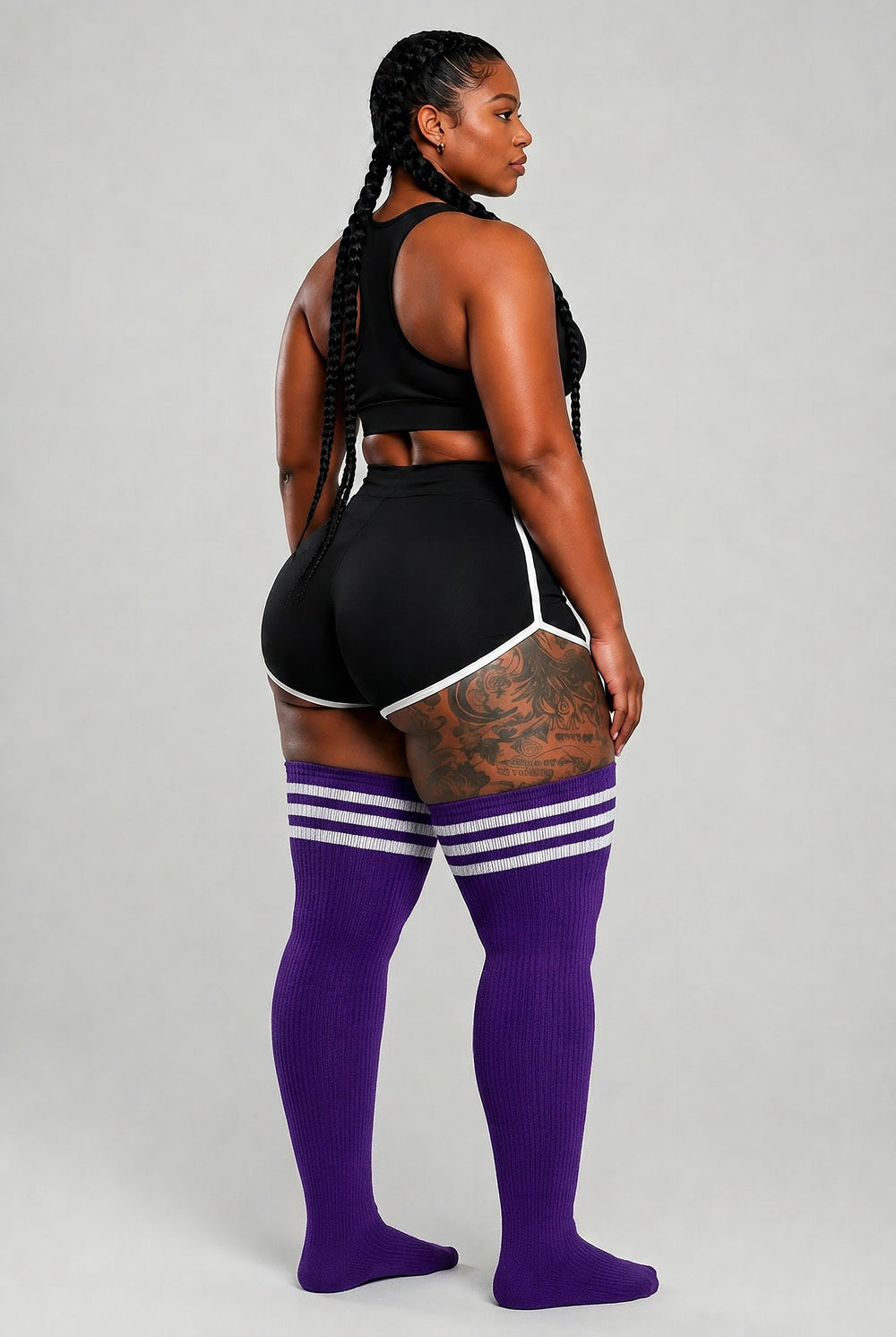Plus size thigh high socks in purple and gold empress stripes