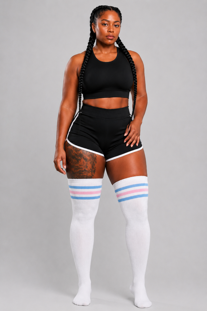 White thigh high socks with pink floral blossom print, plus size