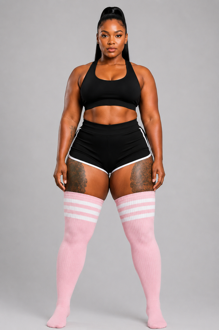 Pink and white striped plus size thigh high socks