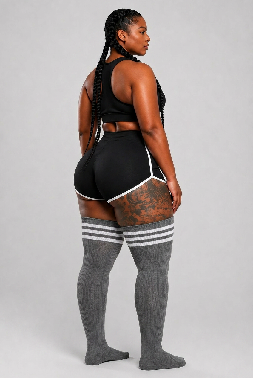 Plus size thigh high socks in silver and white stripes