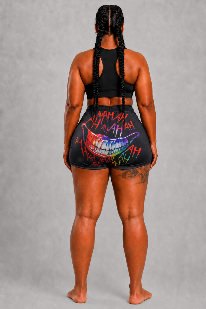 Booty shorts with pop art chicken print in bold colors