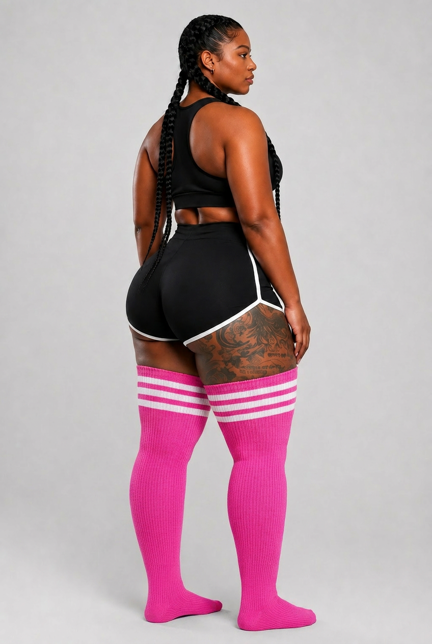 Plus size thigh high socks with fuchsia streaks on white